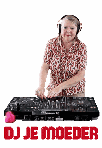 An Older Woman Wearing Headphones Is Playing Music On A Pioneer Dj GIF