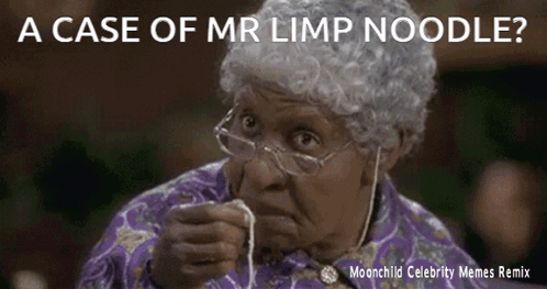 An Older Woman With Glasses Is Eating Noodles With The Caption A Case Of Mr Limp Noodle GIF