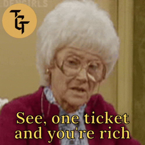 An Older Woman With Glasses Says " See One Ticket And You 'Re Rich " GIF