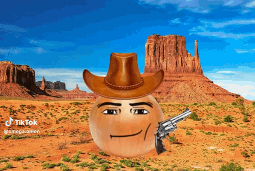 An Onion Wearing A Cowboy Hat And Holding A Gun In A Desert GIF