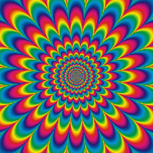 An Optical Illusion Of A Rainbow Colored Flower With A Center In The Middle GIF