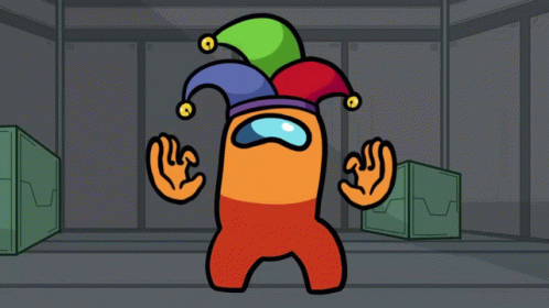 An Orange Among Us Character With A Colorful Jester Hat GIF