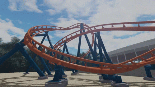 An Orange And Blue Roller Coaster With A Blue Sky Behind It GIF