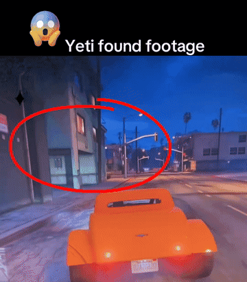 An Orange Car Is Driving Down A Street With The Words Yeti Found Footage Above It GIF