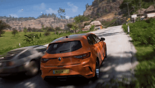 An Orange Car With A Yellow License Plate That Says V450n068 GIF