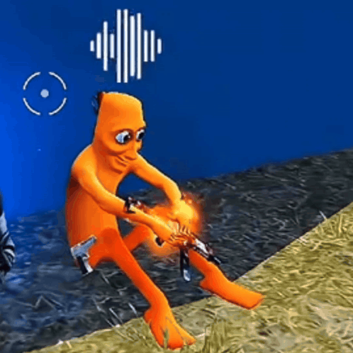 An Orange Cartoon Character Is Sitting On The Ground Holding A Gun . GIF