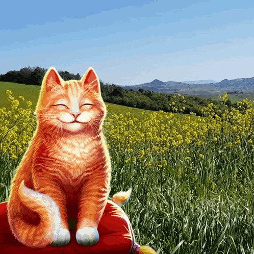 An Orange Cat Is Sitting In A Field Of Yellow Flowers With Its Eyes Closed GIF