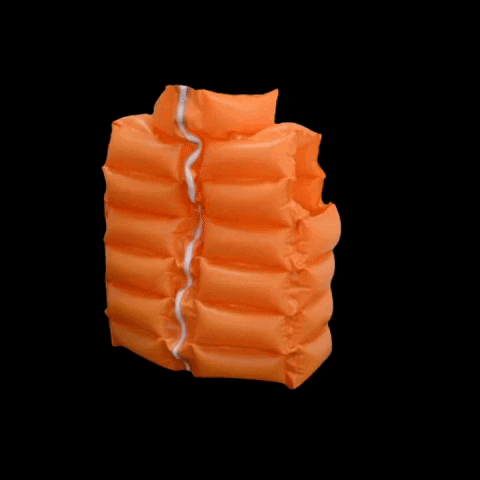 An Orange Inflatable Vest With A White Zipper On The Side GIF