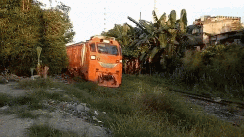 An Orange Train Is Going Down The Tracks In A Field . GIF