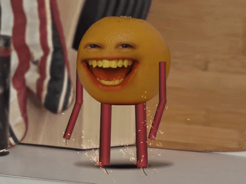 An Orange With Arms And Legs Is Smiling And Looking At The Camera GIF