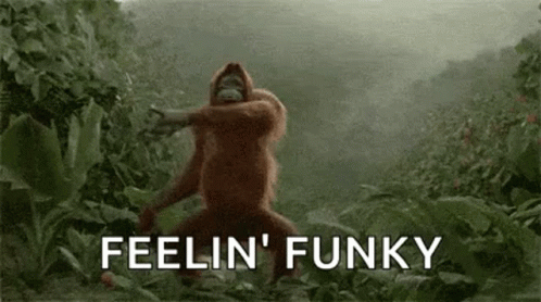 An Orangutan Is Dancing In The Jungle With The Words `` Feelin ' Funky '' . GIF
