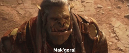 An Orc Says " Mak'gora " In A Video Game GIF