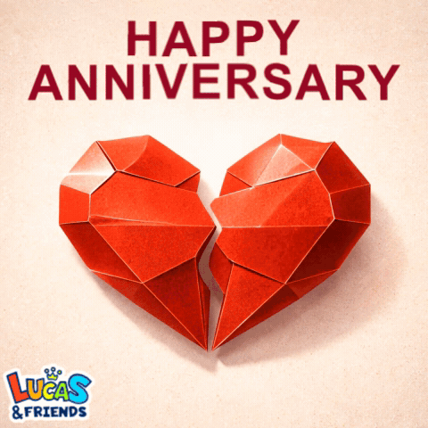 An Origami Heart With The Words Happy Anniversary Lucas & Friends On The Bottom GIF
