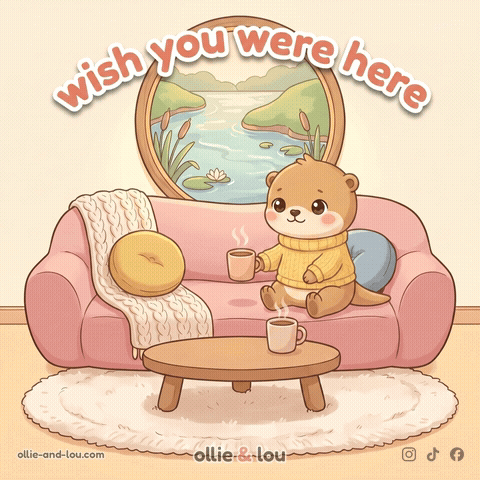 An Otter Sits On A Pink Couch With Two Cups Of Coffee GIF