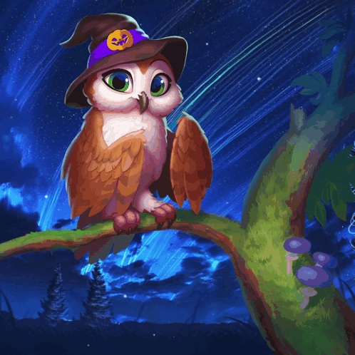 An Owl Wearing A Witch Hat With A Pumpkin On It Sits On A Branch GIF