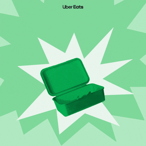 An Uber Eats Advertisement With A Green Lunch Box Bananas And Books GIF