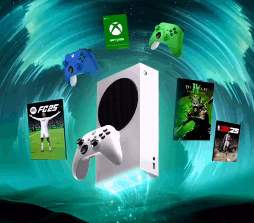 An Xbox Gift Card Is Surrounded By Controllers And A Diablo Video Game GIF
