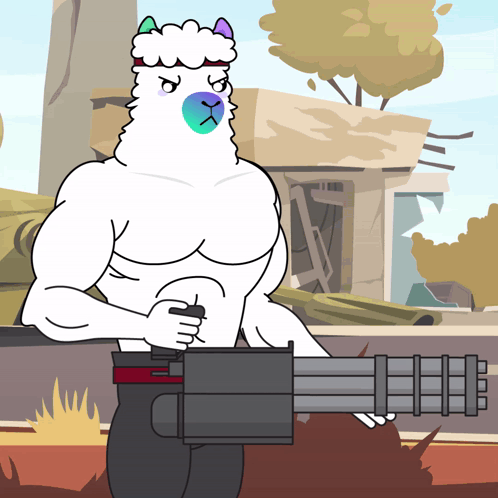 Angry Cartoon Llama Holding Cannon GIF