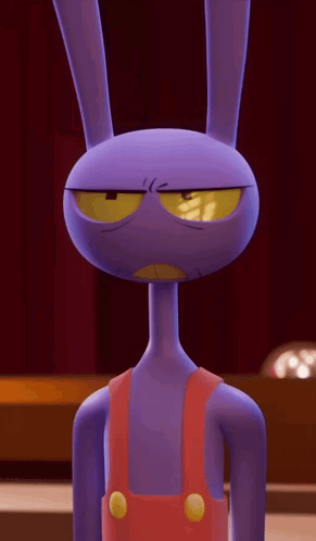 Angry Purple Cartoon Character With Yellow Eyes And Red Overalls GIF