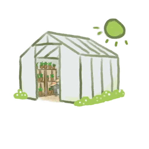 Animals in Front of Greenhouse