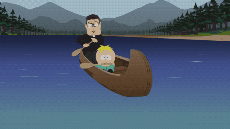 Animated Boys Brown Skiff On River GIF