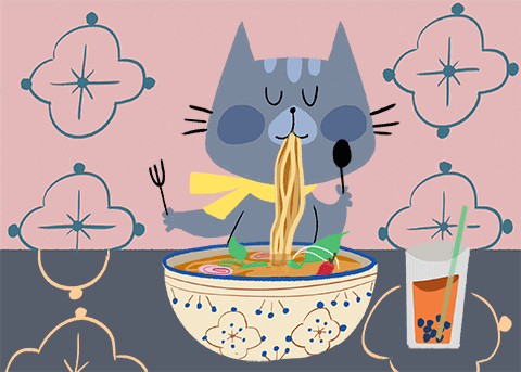 Animated Cat Enjoy Eating Noodles GIF