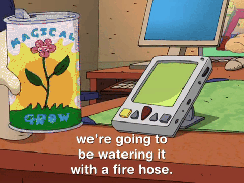 Animated Character Planning To Water Seed Using Fire Hose GIF