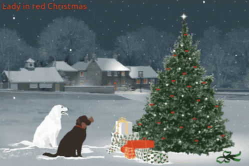 Animated Christmas Dogs Looking At Christmas Tree GIF