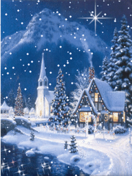 Animated Christmas Evening In Snowy House GIF