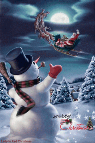 Animated Christmas Snowman Waving To Santa GIF