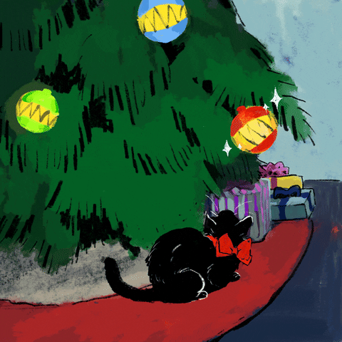 Animated Christmas Tree With Happy Cat GIF