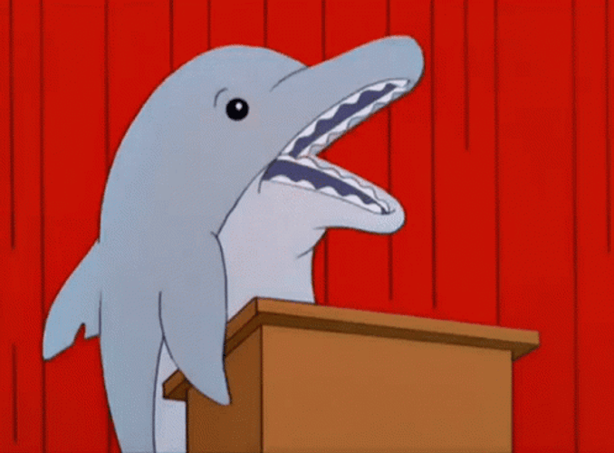 Animated Dolphin Speaking On A Podium GIF