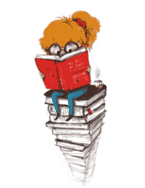 Animated Girl Sitting Layered Books Focused Reading GIF