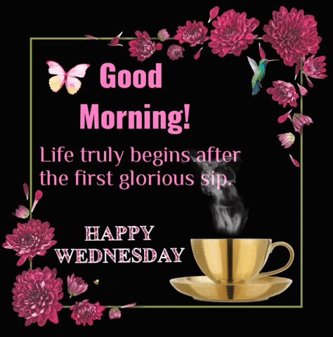 Animated Good Morning Wednesday Golden Cup Of Coffee GIF