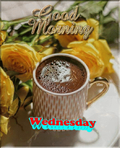 Animated Good Morning Wednesday Hot Chocolate Yellow Flowers GIF