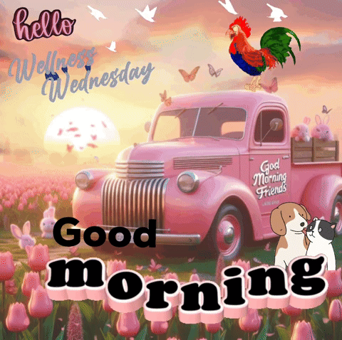 Animated Good Morning Wednesday Pink Truck With Animals GIF