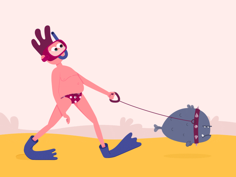 Animated Guy In Underwear Walking With Pet Fish GIF