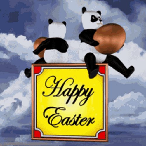 Animated Happy Easter Pandas Sitting On Box GIF