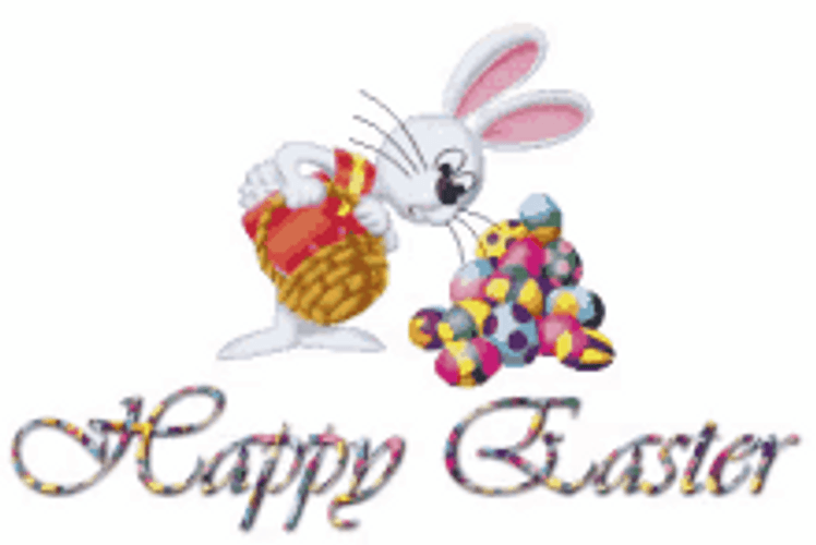 Animated Happy Easter Rabbit Looking At Eggs GIF