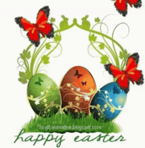Animated Happy Easter Red Butterflies And Eggs GIF