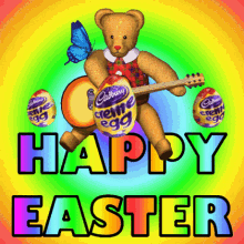 Animated Happy Easter Teddy Bear Playing Guitar GIF