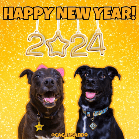 Animated Happy New Year Design With Two Dogs GIF