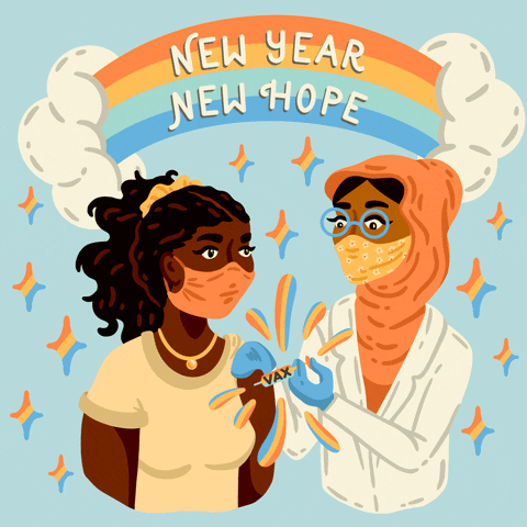 Animated Happy New Year With Two Girls Wearing Mask GIF
