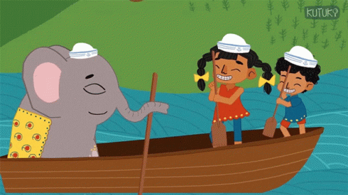 Animated Kids And Elephant Row The Boat GIF