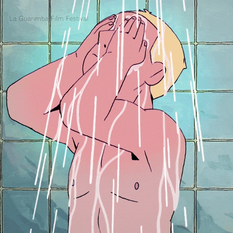 Animated Man Touching His Face While Showering GIF
