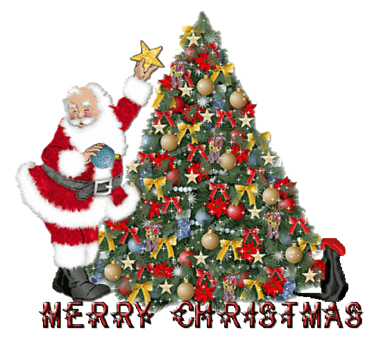 Animated Merry Christmas Santa Putting Up Star GIF