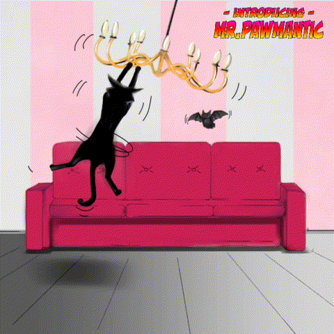 Animated Monday Black Cat Hanging From Chandelier GIF