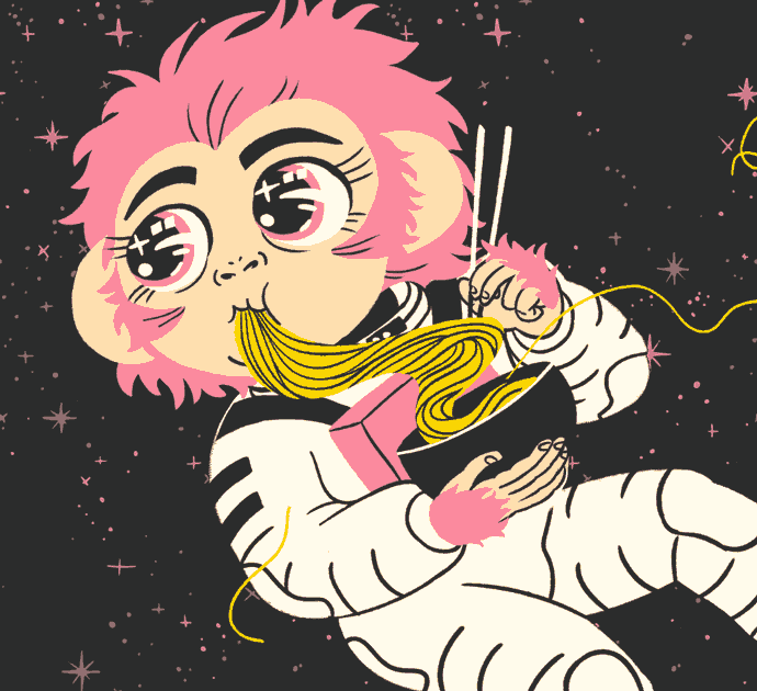 Animated Monkey In Space Eating Noodles GIF