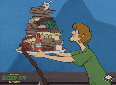 Animated Shaggy Carrying A Huge Amount Of Food In A Plate GIF
