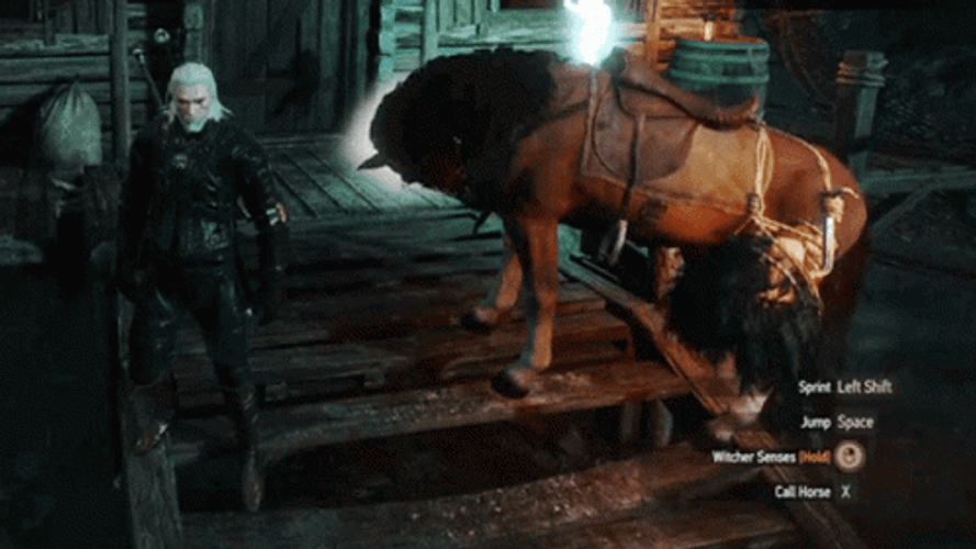 Animated Witcher Geralt With Horse Pushing Up GIF